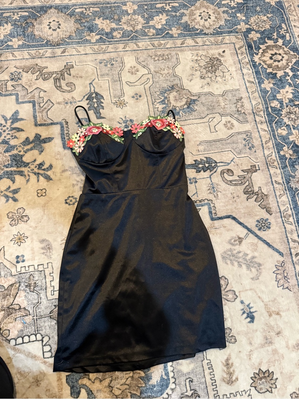 Speechless Black Mini Dress with Pink & Green Floral Trim
